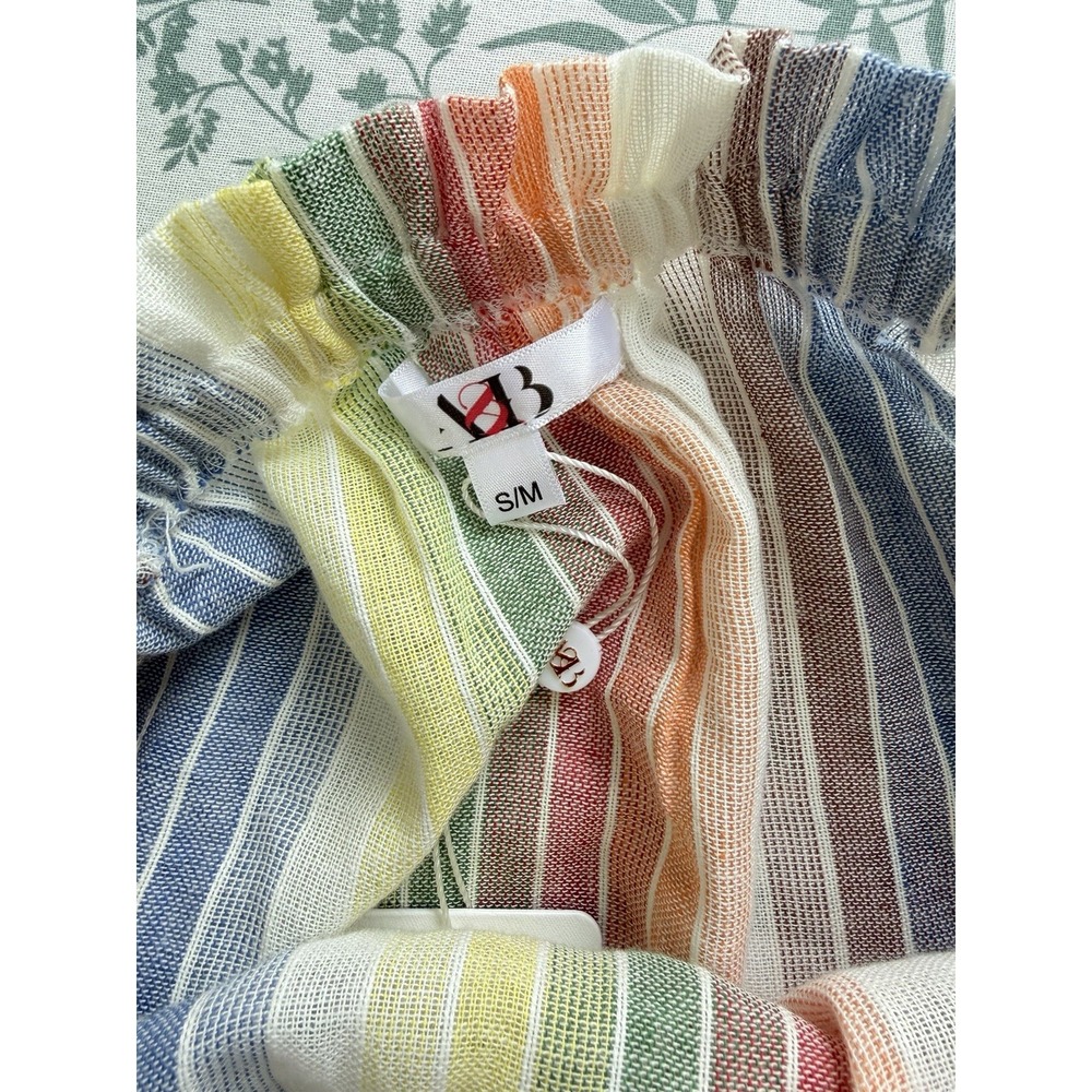America And Beyond Rainbow Stripe Off Shoulder Pom Pom Boho Peasant Top SM - Picture 8 of 8